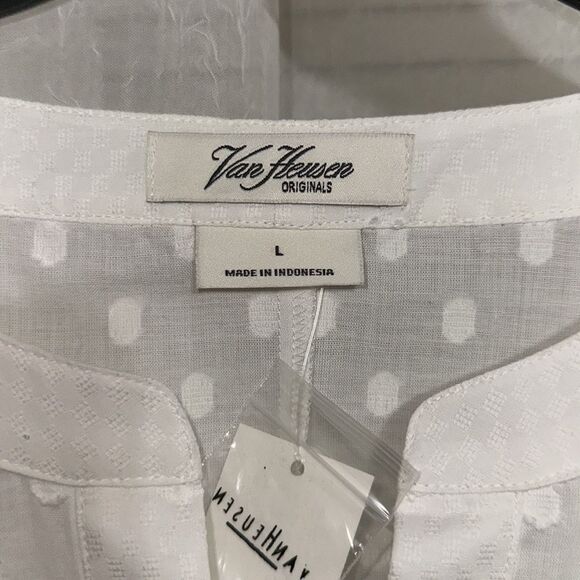 Van Heusen L White Cotton Swiss Dot Long Tab Roll up Sleeve V-Neck Top - Picture 12 of 14